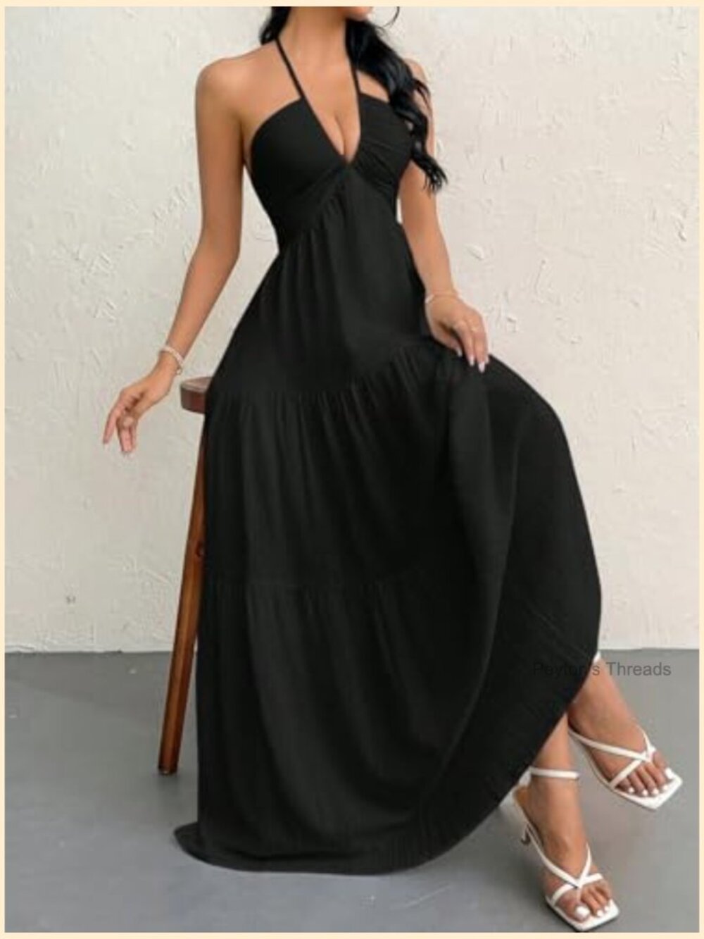 Maxi Summer Dress Halter V Neck A-Line Casual Beach Vacation - Picture 4 of 7